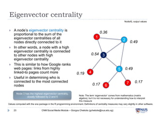 Eigenvector centrality




A node’s eigenvector centrality is
proportional to the sum of the
eigenvector centralit...