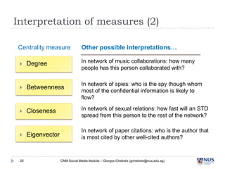 Interpretation of measures (2)
Centrality measure
Other possible interpretations…

Degree
In network of music collabo...