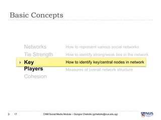 Basic Concepts

17
Networks
Tie Strength
Key Players
Cohesion
How to represent various social networks
How to identif...