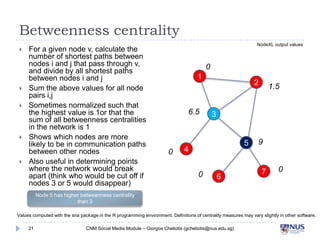 Betweenness centrality





For a given node v, calculate the
number of shortest paths between
nodes i and j that...