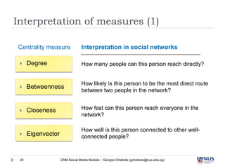 Interpretation of measures (1)
Centrality measure
Interpretation in social networks

Degree
How many people can this ...
