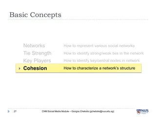 Basic Concepts

27
Networks
Tie Strength
Key Players
Cohesion
How to represent various social networks
How to identif...