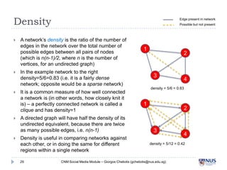 Density





Edge present in network
Possible but not present
A network’s density is the ratio of the number of...