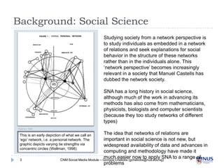 Background: Social Science
Studying society from a network perspective is to
study individuals as embedded in a network of...