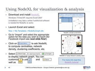 Using NodeXL for visualization & analysis

Download and install NodeXL
Windows 7/Vista/XP, requires Excel 2007
(installa...
